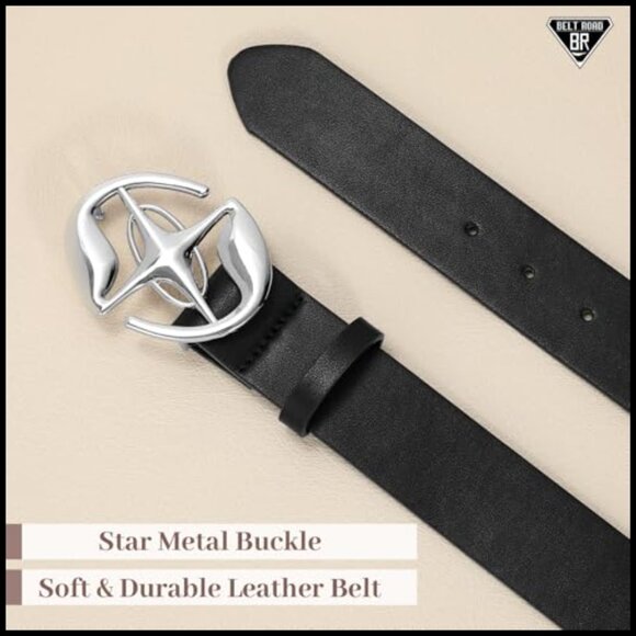 Leather Belt with Star Buckle, Cross Design, Western Style main image 5